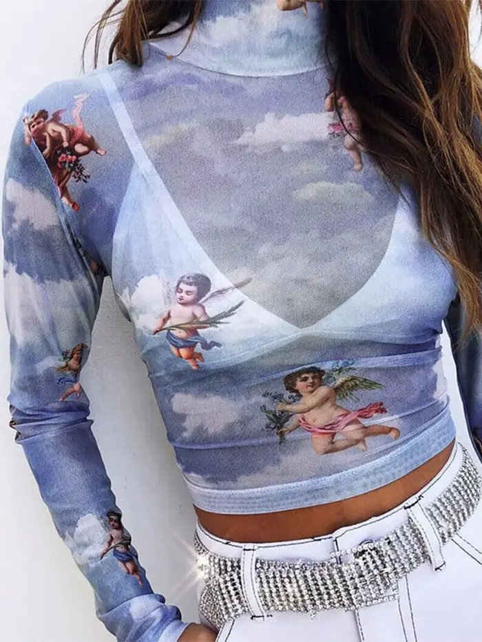 T-shirt à col roulé à manches longues en maille transparente pour femmes, t-shirt mince transparent 