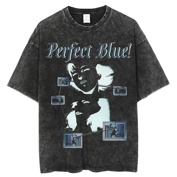 Anime japonais parfait bleu T-shirt hommes femmes vêtements Vintage lavé surdimensionné