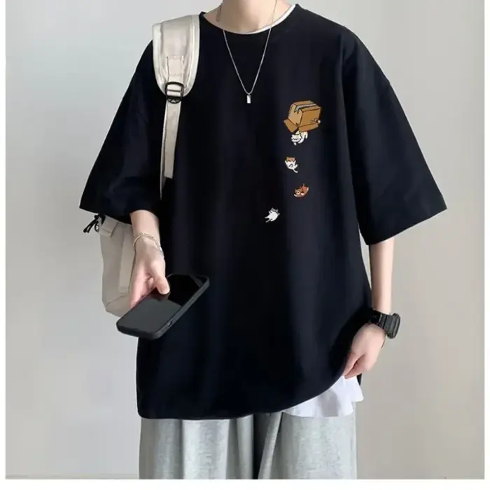 M-8XL hommes surdimensionné mode coréenne ample américain Vintage Carton chaton imprimé à manches co
