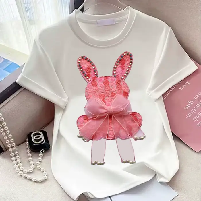 Boucle ours rose perles T-shirt lourd fait à la main Diomand brillant nœud papillon broderie