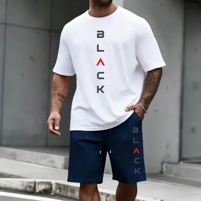 Ensemble T-shirt et short imprimé lettres noires pour homme – Tenue décontractée sportive d'été à manches courtes – Mode urbaine Streetwear