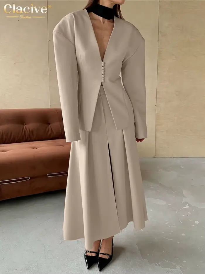 Clacive mode ample kaki bureau femmes deux pièces ensemble 2025 élégant chemise à manches longues avec taille haute fent