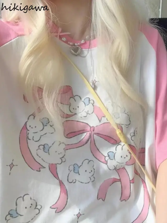 Kawaii rose t-shirts femmes japonais Y2k Style doux fille dessin animé