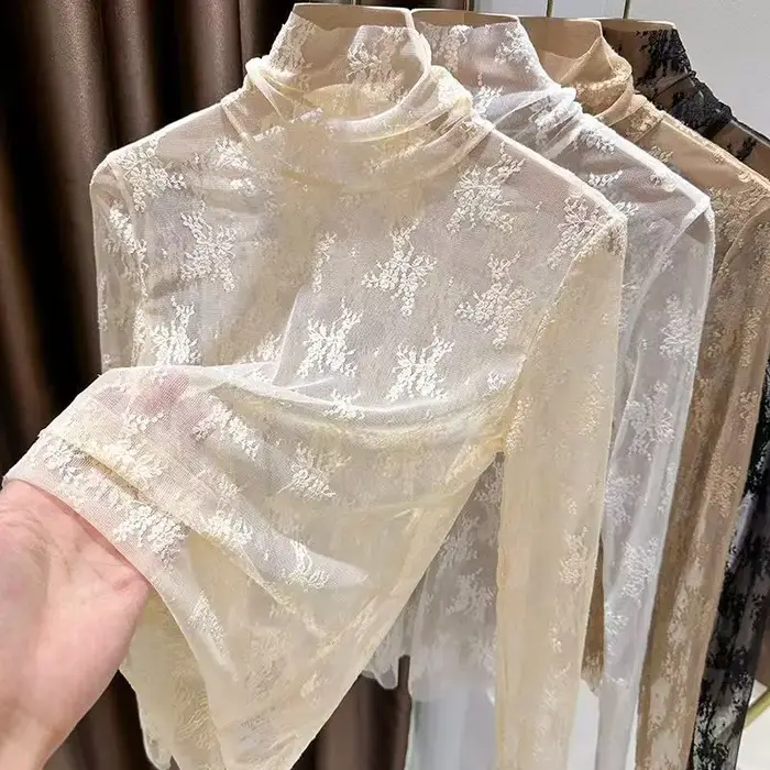 Femmes Sexy à manches longues dentelle Blouses col haut vêtements intérieurs