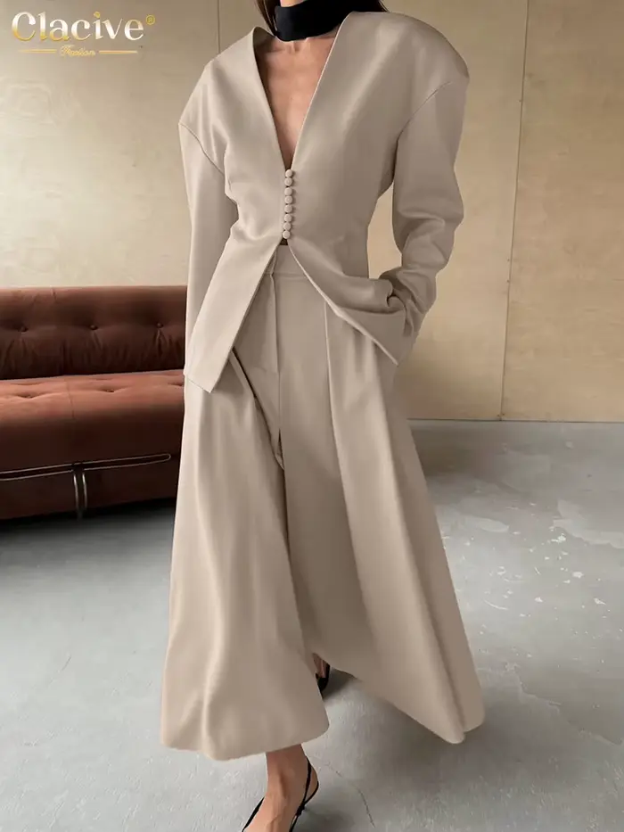 Clacive mode ample kaki bureau femmes deux pièces ensemble 2025 élégant chemise à manches longues av
