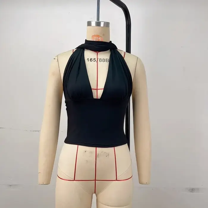 Débardeur Halterneck Femme Nouvelle Collection Été Couleur Unie Décolleté Plongeant à Lacets Sexy Sans Manches Dos Nu