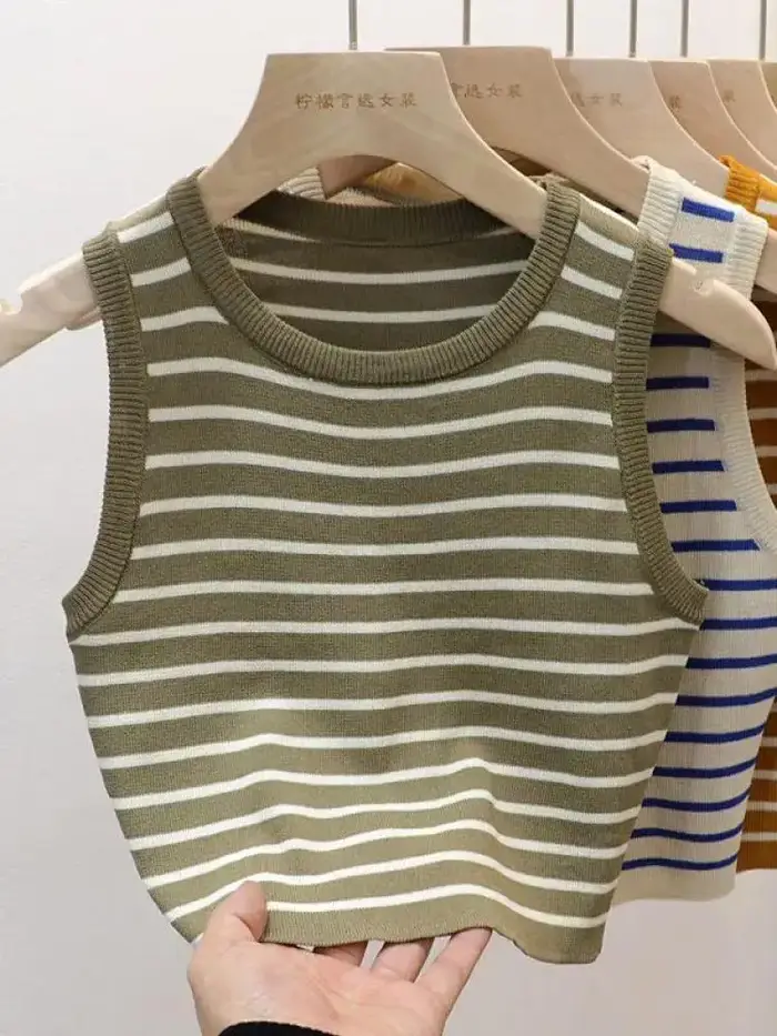 Nouveauté 2026 – Débardeurs rayés tricotés sans manches pour femme – T-shirts courts élastiques et ajustés – Gilets décontractés à col en V – Camisoles pull-over