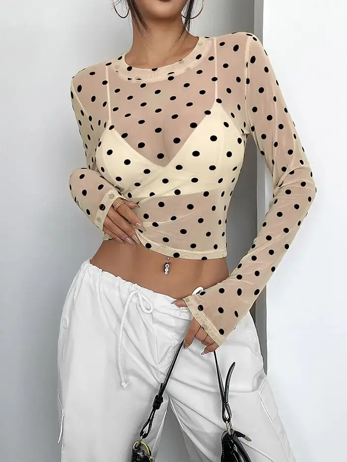 Femmes à pois à manches longues hauts en maille Sexy voir à travers des chemisiers transparents chemises sortie haut