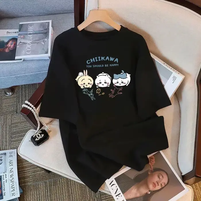 T-shir femme Chiikawa dessin animé imprimé 100% coton manches courtes col rond femme T-shirt à la mo