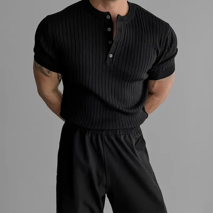 T-shirt Henley côtelé à manches courtes pour homme, coupe ajustée, décontracté, respirant, idéal pou
