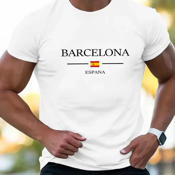 T-shirt imprimé Lettre Barcelone 100% Coton Coupe décontractée d'été Col rond Manches courtes pour Hommes Femmes Enfants