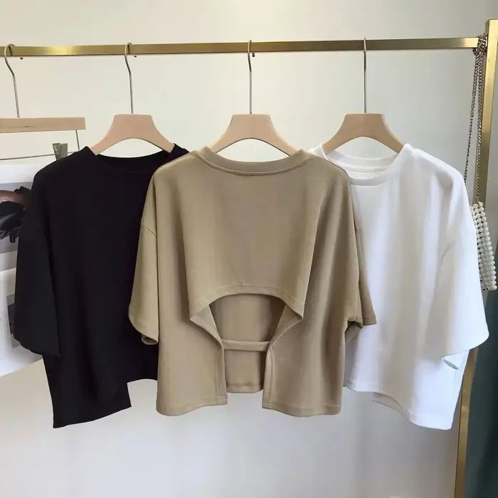 T-Shirt court dos nu pour femmes, col rond, manches amples, chemise de Base ajourée, Style décontrac