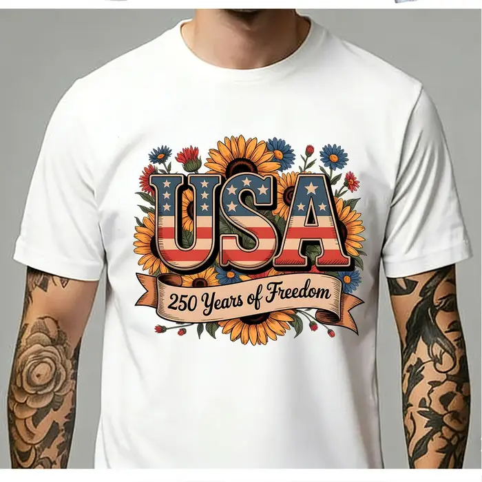T-shirt patriotique pour homme avec transfert thermocollant USA 250 ans 1776-2026