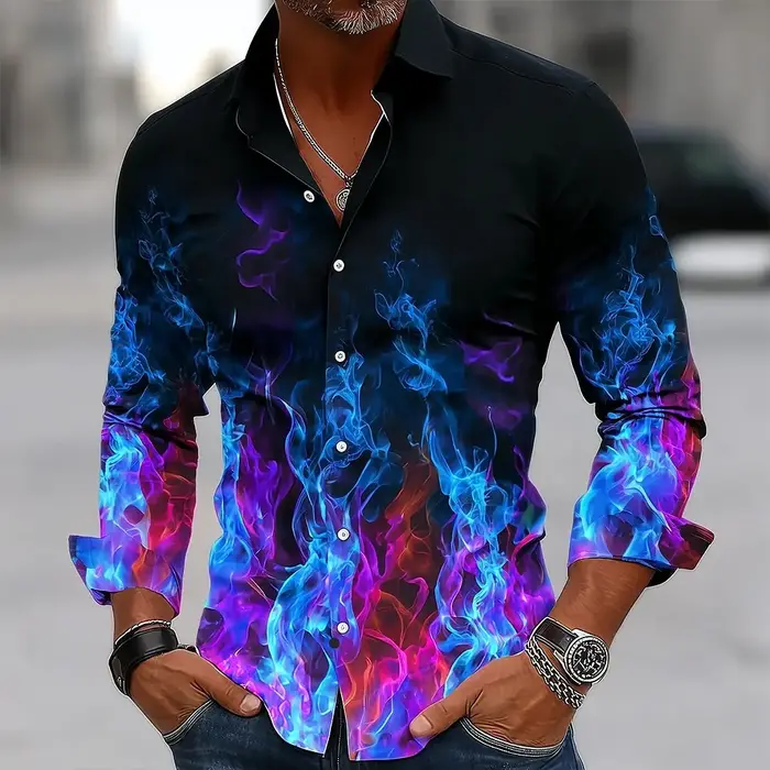 Hip Hop flamme impression chemise hommes Streetwear 2025 mode à manches longues hauts urbain
