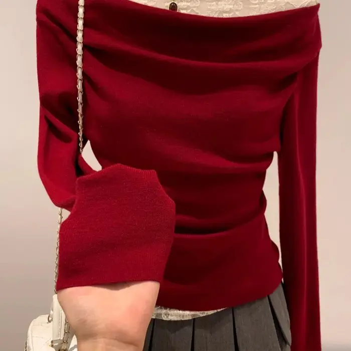 Dentelle rouge un cou épaules dénudées T-Shirts à manches longues femmes
