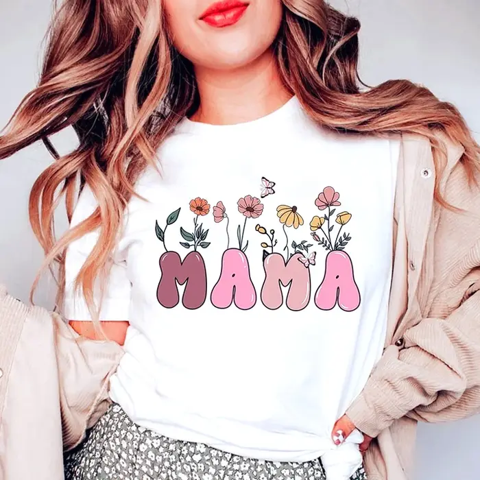 T-shirts d'été à manches courtes pour femmes, col rond, imprimé « Mama », motif floral, décontracté,
