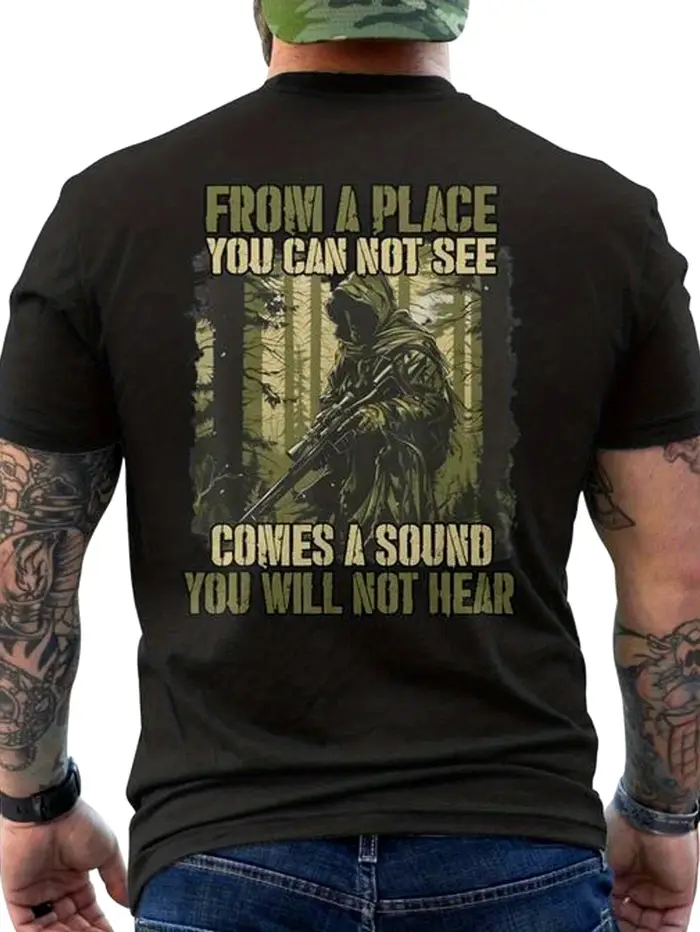 T-shirt militaire pour homme - Motif camouflage forestier imprimé au dos, idéal pour les vêtements t