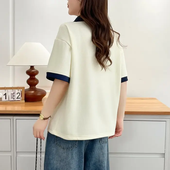 T-shirt décontracté à col polo et blocs de couleur pour femme grande taille, manches courtes, été 20