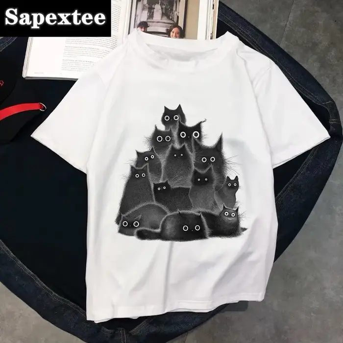 T-shirt col rond femme blanc, estival et aéré, avec chat kawaii, 2020