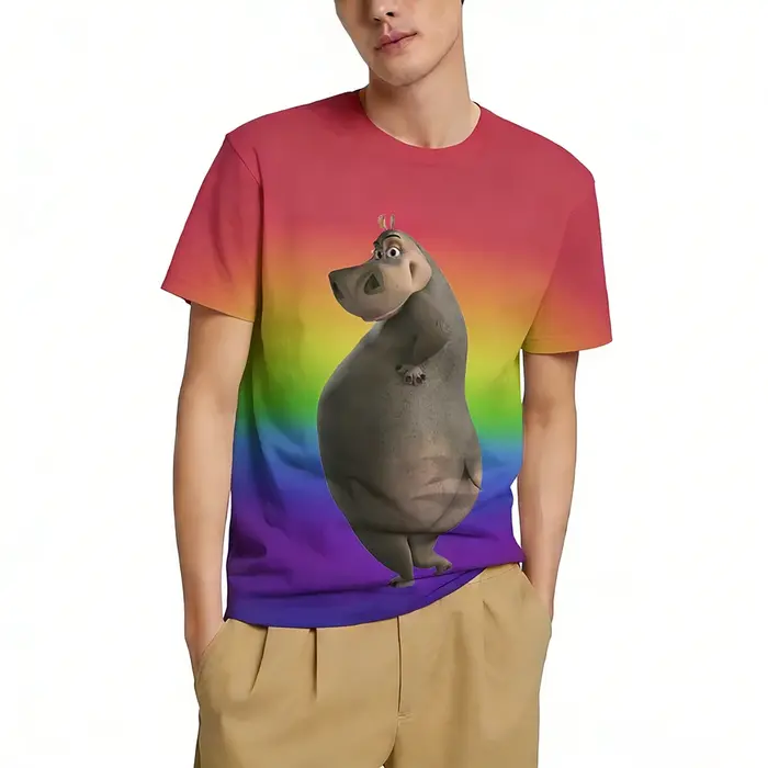 T-shirt à imprimé graphique hippopotame de dessin animé, personnalité animale, mode masculine, décontracté, drôle, impression 3D, streetwear, basique, col rond, manches courtes