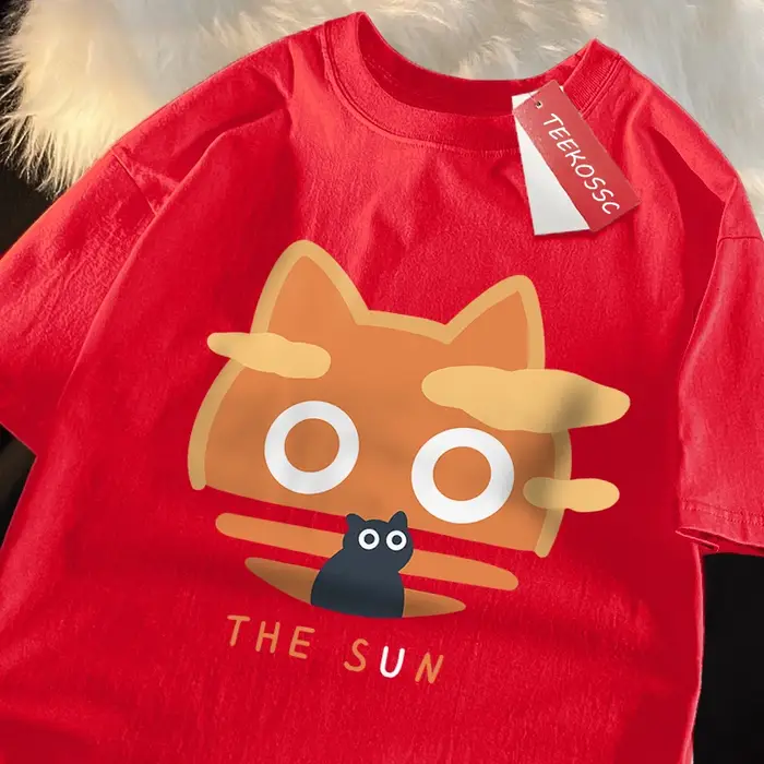 Le soleil Orange chat amusant Style japonais homme coton col rond T-Shirt été ample surdimensionné vêtements de haute qualité marque à manches courtes