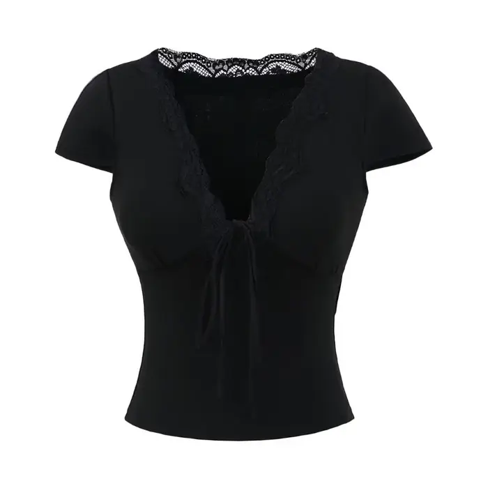 T-shirts et polos pour femmes : Hauts courts chics à col en V, à manches courtes, style décontracté,