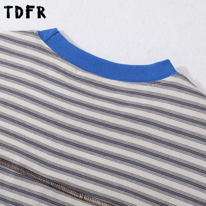 T-shirt à manches longues rayé épissé hommes automne rétro décontracté ample