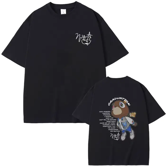 Rappeur Kanye West Graduation Double face graphique T-shirt hommes femmes Hip Hop surdimensionné col rond