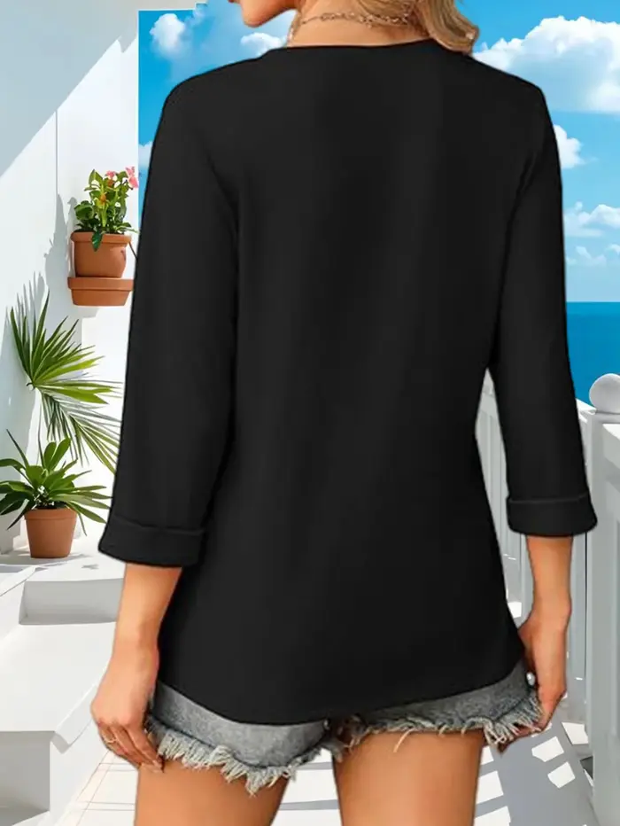 Nouveau T-shirt polyvalent pour femme style occidental 2026 à manches trois-quarts et col en V