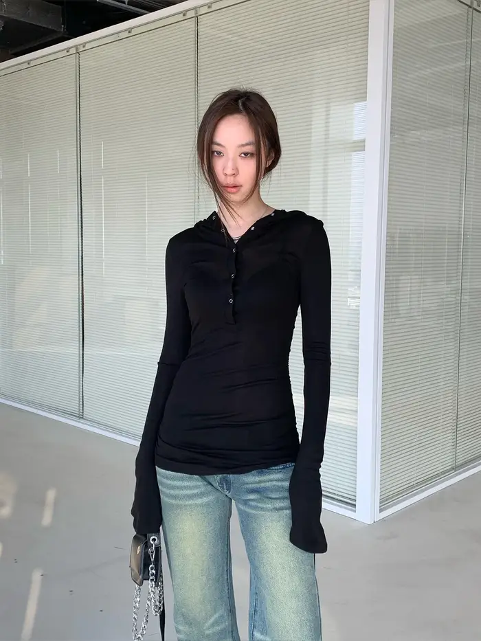 Techwear Cleanfit – T-Shirt à capuche et cordon de serrage pour femme, Slim, manches longues, col en