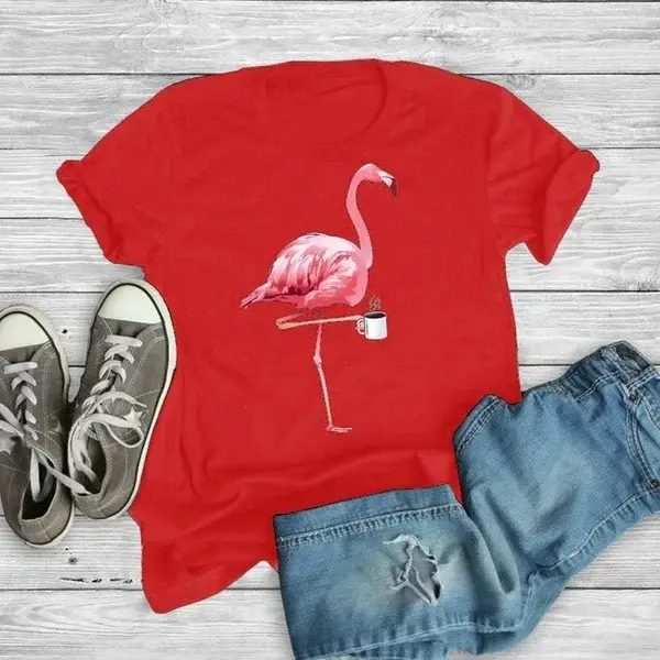 Flamingo café imprimé t-shirt femmes à manches courtes col rond