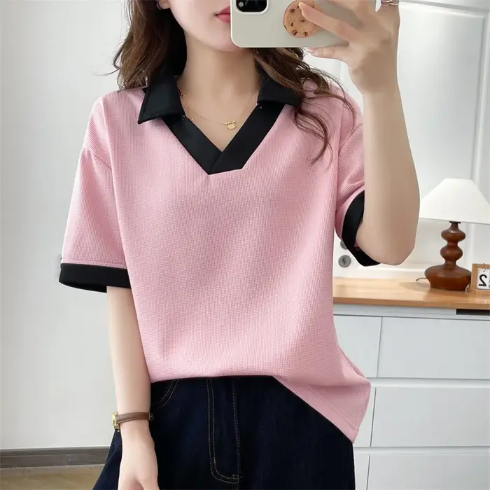 T-shirt décontracté à col polo et blocs de couleur pour femme grande taille, manches courtes, été 20