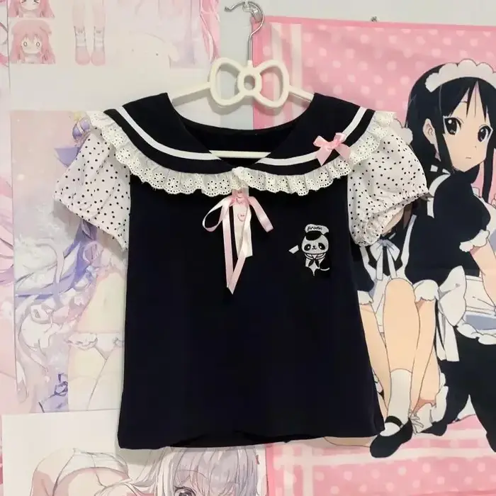Japonais Y2k dentelle T-shirt femmes Kawaii dessin animé broderie graphique t-shirts Harajuku mode d
