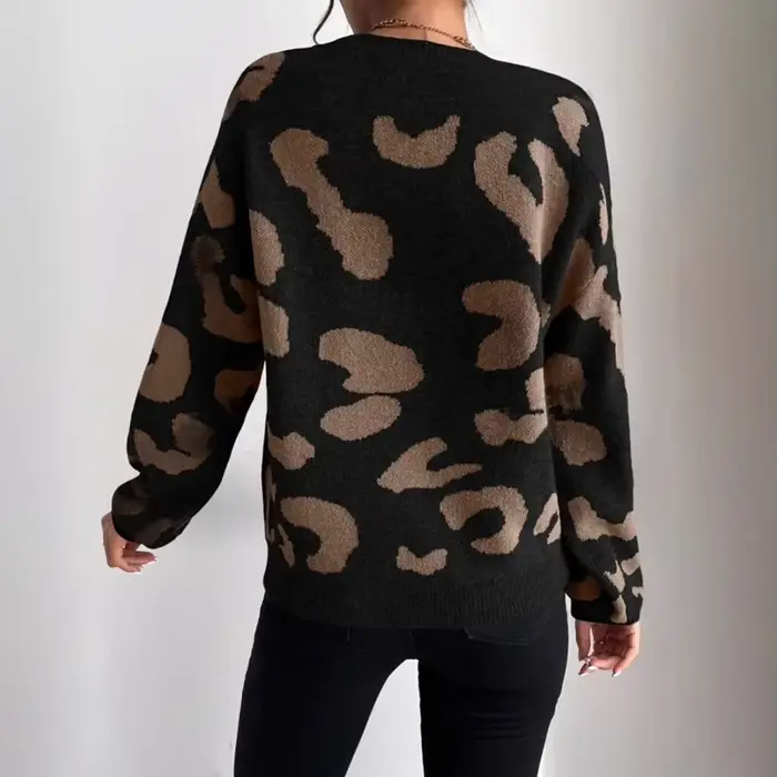 Pull imprimé léopard pour femme, col rond, surdimensionné, automne hiver, haut en tricot polyvalent, chemisier Chic décontracté