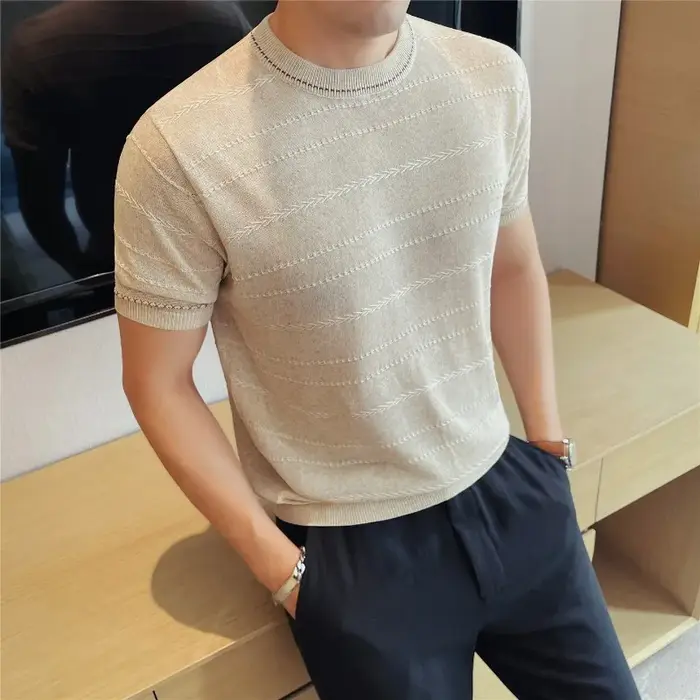 T-shirt en maille mélangée lin bicolore pour homme – T-shirt d'été respirant texturé à manches court