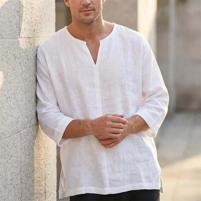 T-shirt à manches longues pour homme en coton et lin, respirant, léger, col en V, couleur unie, décontracté, coupe ample, classique, tendance