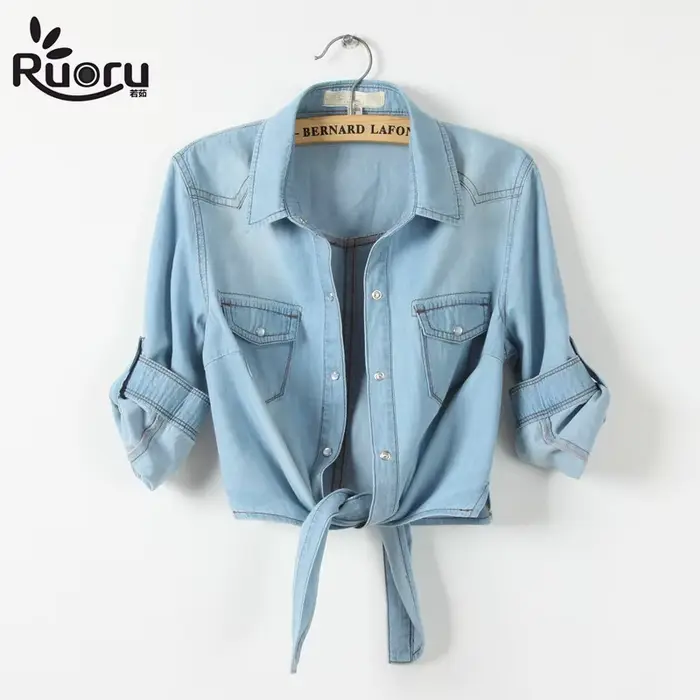 Chemise kimono en denim à manches courtes pour femmes