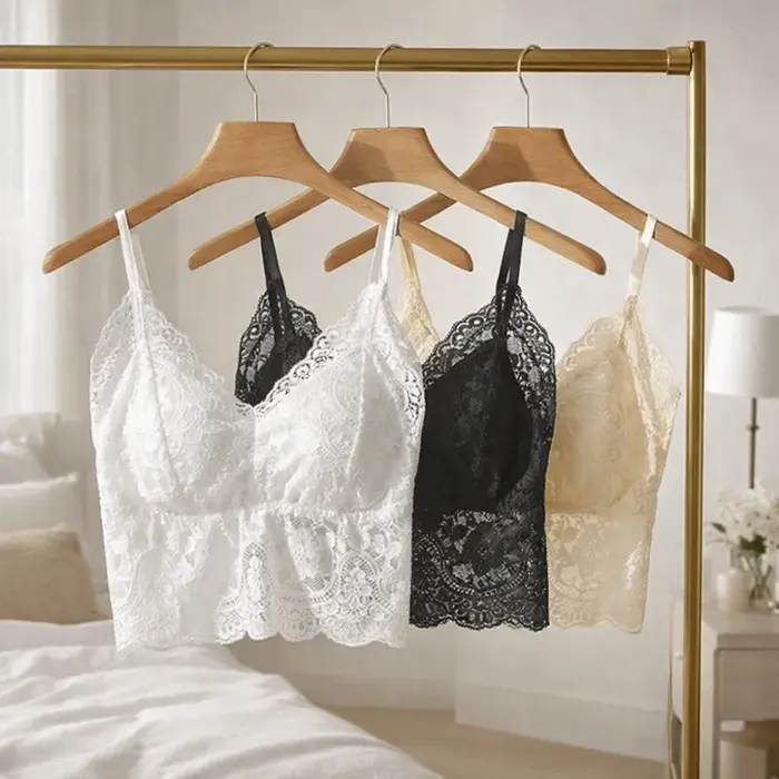 Débardeur court en dentelle française tendance avec coussinets intégrés
