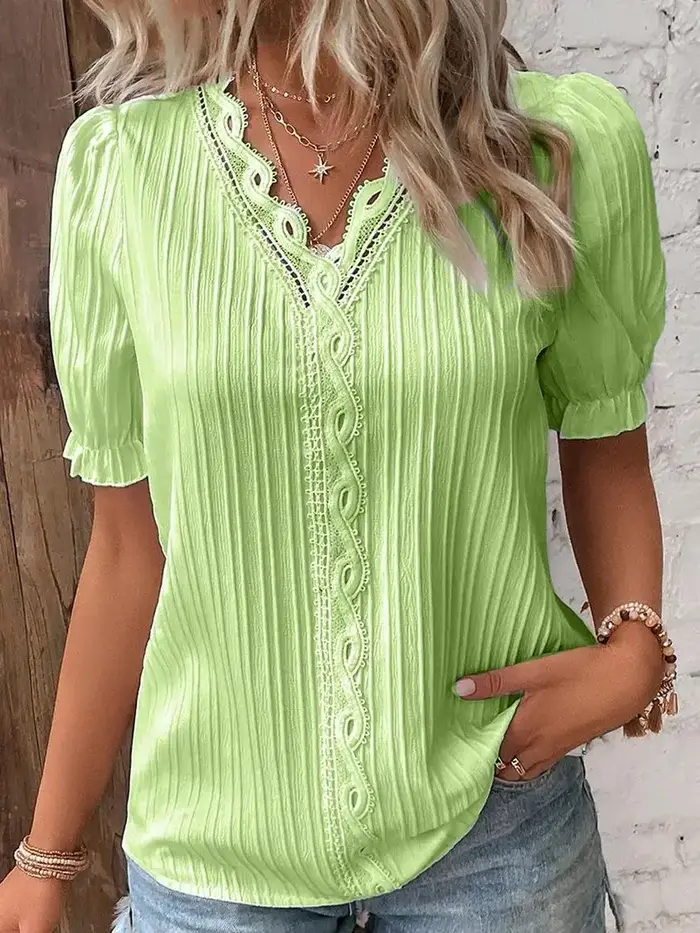 Chemisier élégant à manches courtes pour femme, chemise col en V, patchwork de dentelle, été