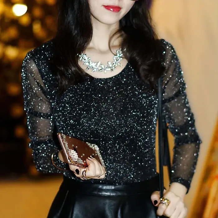 2025 strass vêtements noir paillettes T-shirt chaud col roulé femme
