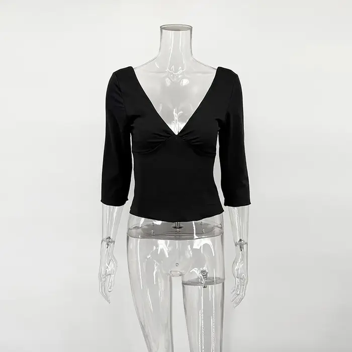 T-shirts sexy à col en V pour femmes, hauts d'été à manches longues, fendus, unis, coupe ajustée, ch