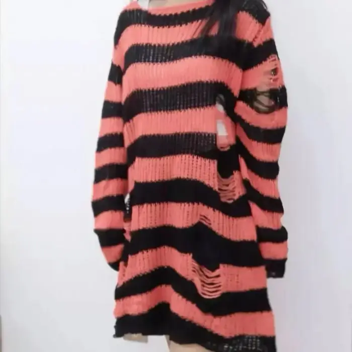 Nouveau Streetwear haut Punk gothique Long unisexe pull été femmes rayé Cool trou creux cassé