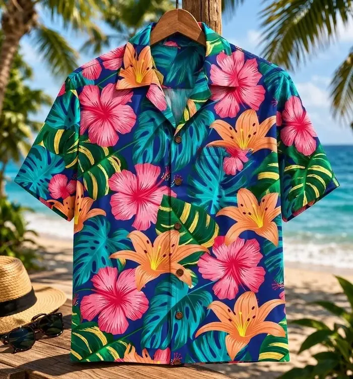 Chemise Hawaïenne Été 2026 Motif Vague Tropicale Vacances à la Plage Fleur T-shirt Parent-Enfant Haut de Sport Homme