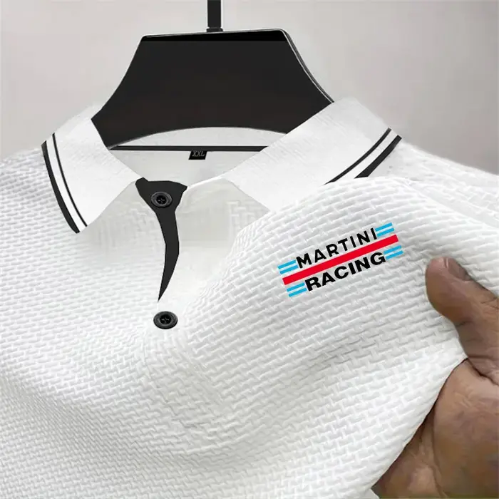 Polo en soie pour hommes T-Shirt à manches courtes bouton Martini course impression design revers luxe décontracté haut