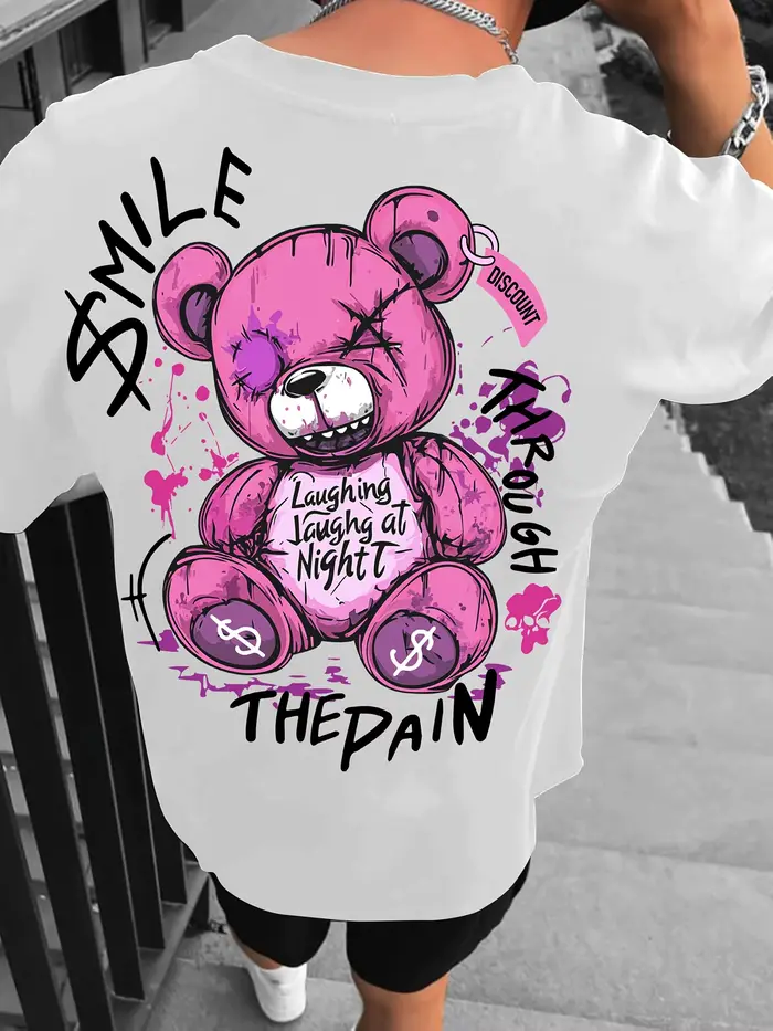 T-shirt col rond respirant et confortable pour hommes, style tendance, avec lettres d'ours en peluch
