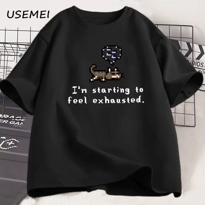 T-shirt manches courtes en coton, imprimé chat endormi, I'm Start To Flag, Exhaustedgraphci
