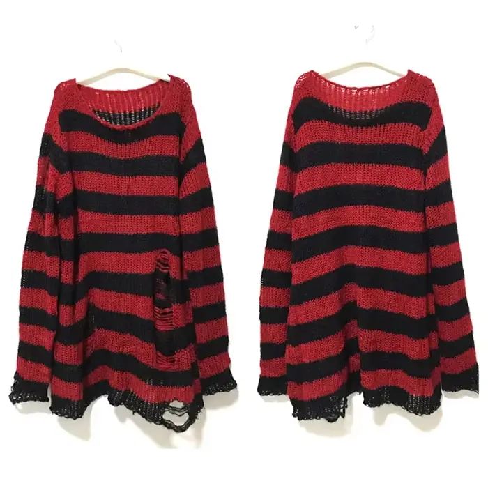 Nouveau Streetwear haut Punk gothique Long unisexe pull été femmes rayé Cool trou creux cassé pull a