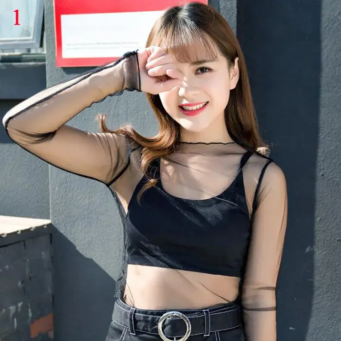 T-shirt élégant en dentelle pour femmes, hauts à manches longues en maille, haut Transparent, chemis