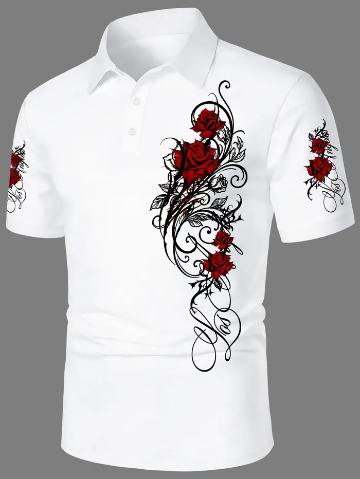 Polo décontracté à manches courtes pour homme avec motif de roses romantiques