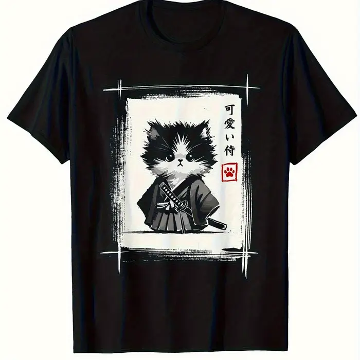 T-shirt imprimé Kawaii Chat Samouraï Art à l'encre japonaise, motif Chat mignon Katana Kanji, Street
